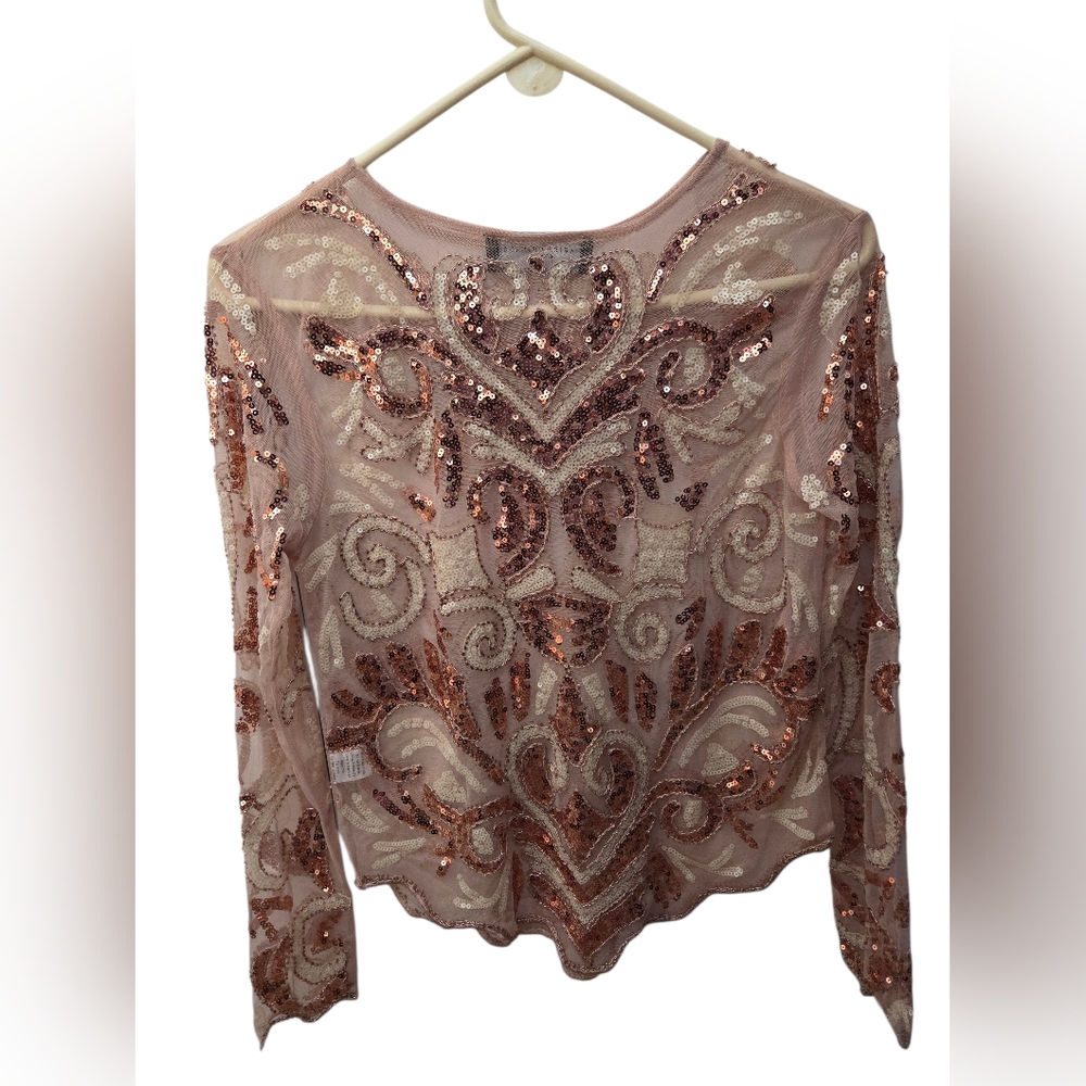 Akira Rose Gold Sequin Mesh Long Sleeve Top Size S - Picture 2 of 3